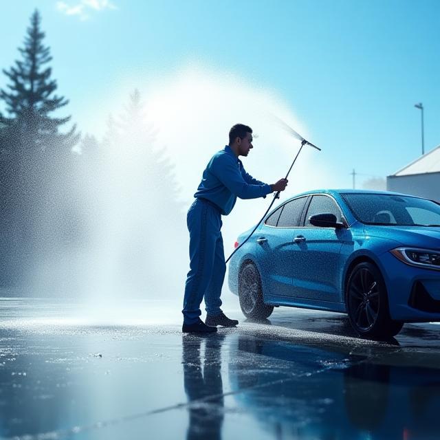Technician rinsing a car